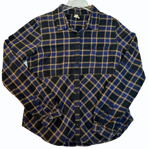 We The Free People Going Back to Harvard Shirt‎ Women Size M Plaid Blue Preppy - Picture 1 of 8